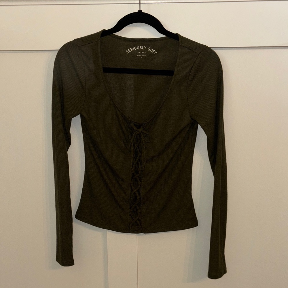 Aeropostale Deep Green Lace-Up Long Sleeve Top